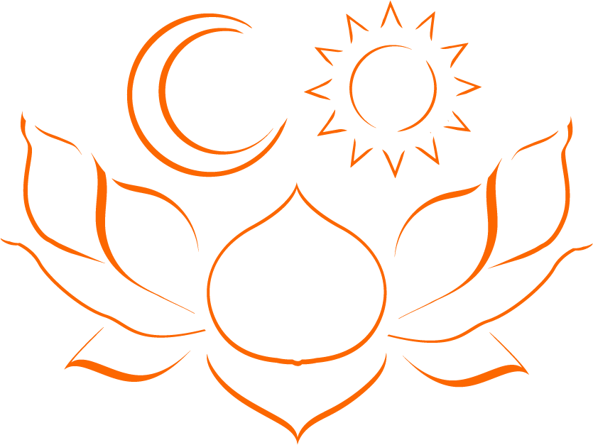 Orange lotus, moon and sun icons representing Passion