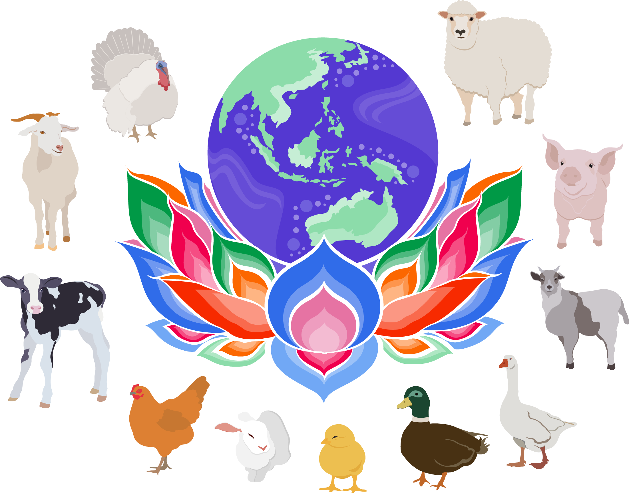 Taradical Compassion logo - earth, lotus, surrounded by farmed animals